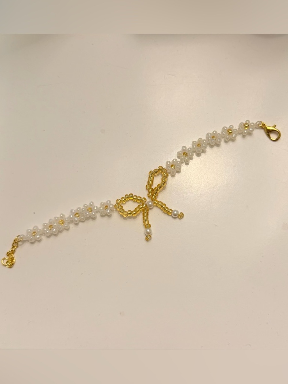 Homemade Gold Bow White Beaded Floral Bracelet - Women Jewelry